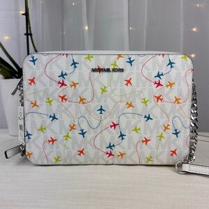 Michael Kors Jet Set Airplane White East West Crossbody Purse Tote Bag